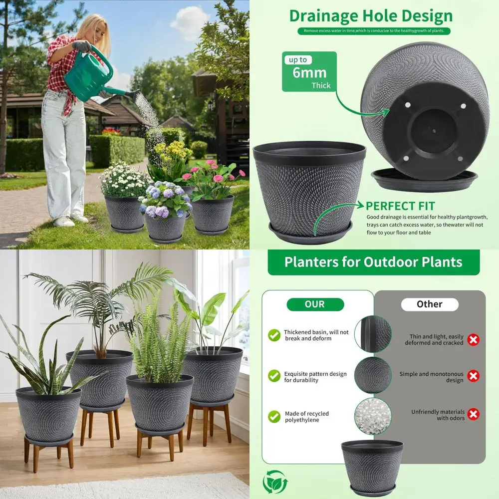 

Большой 12-дюймовый горшок для растений или растений на открытом воздухе в помещении, 4 упаковки пластиковых нижних горшков со дренажным отверстием и блюдцем, Ern Decorative G