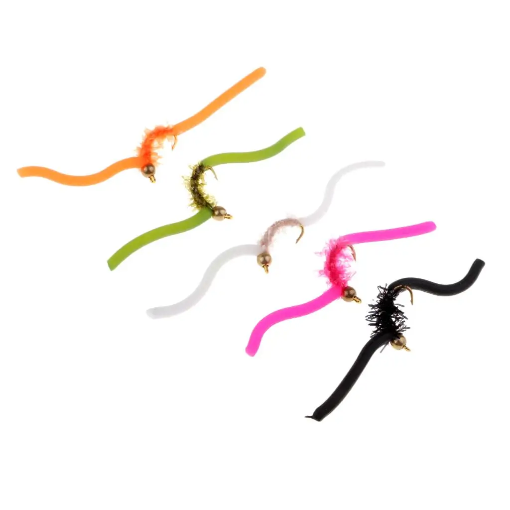 5 Pcs Worm Wet Nymph Trout Fly Fishing Baits Mixed Colors