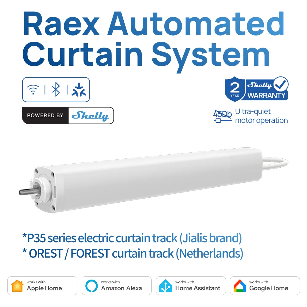 Автоматизированная система штор Raex Matter на базе умного Wi-Fi-мотора Shelly Smart с поддержкой HomeKit, Alexa, Google Home