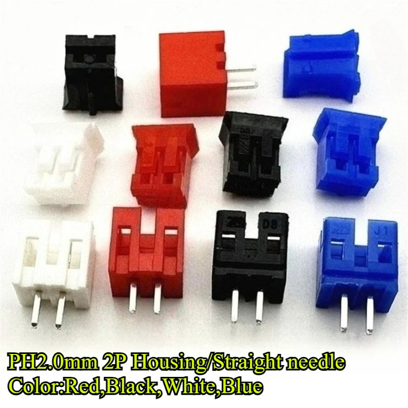 

50/100/300/500Pcs/lot JST PH2.0mm 2P Pin Housing/Straight needle 2.0mm pitch socket connector Red,Black,White,Blue