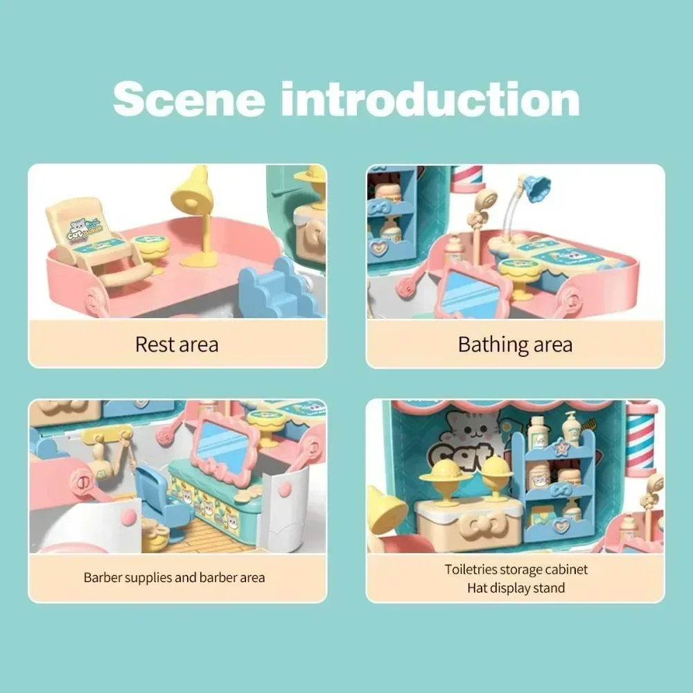 Doll House Playset Toys for Girls Kids Pet Care Toy DIY Pretend Play Toy Cat Grooming Hair Salon Room with Carrying Box