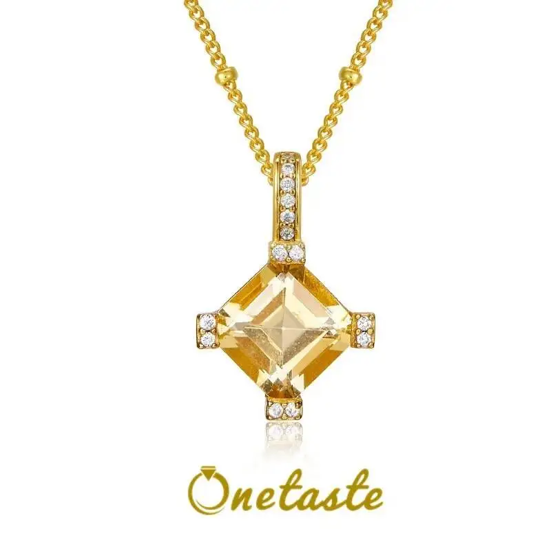 

Natural Citrine 925 Sterling Silver 18K Gold Plated Pendant Necklace Square Yellow Crystal Stone Geometric Chokers Necklaces