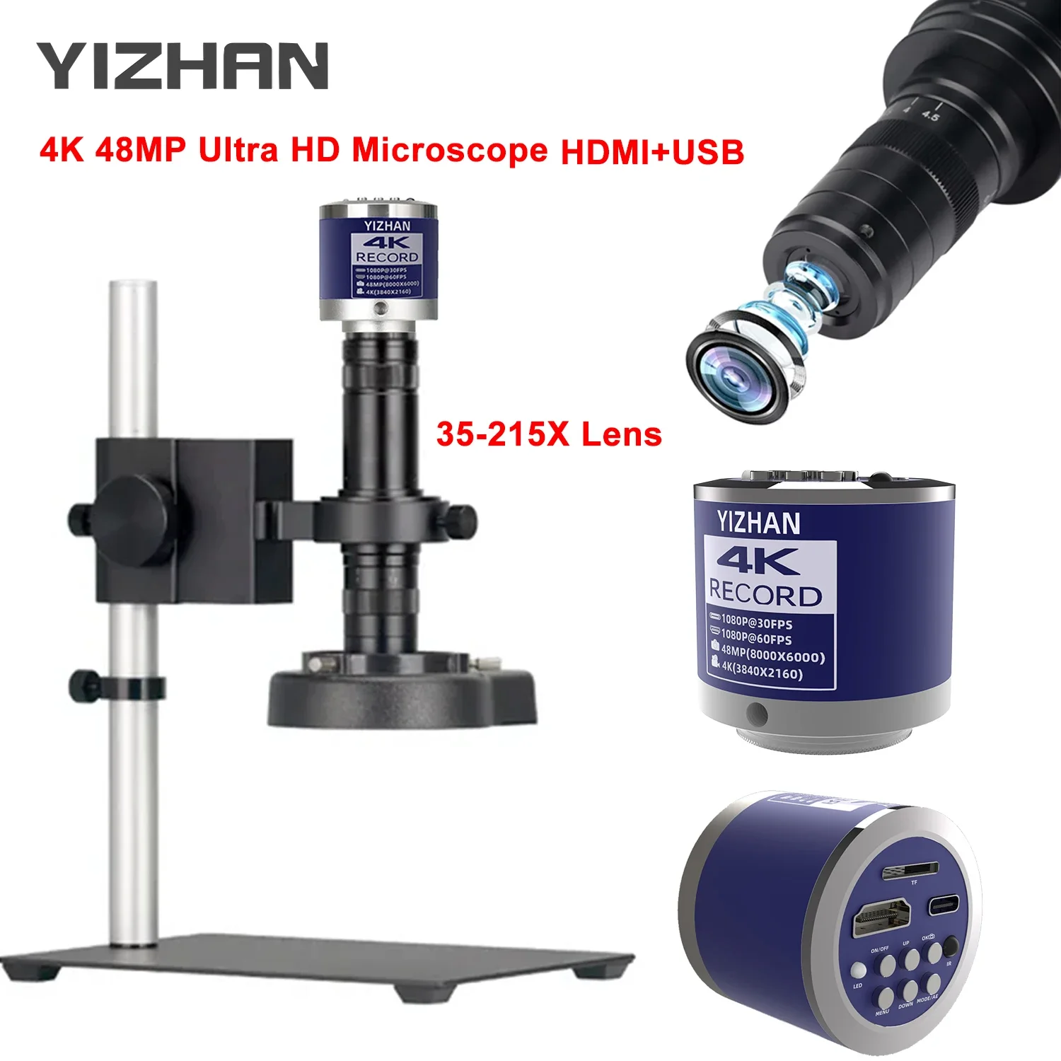 Yizhan Full 4K Microscope 48MP Ultra HD HDMI USB-C Digital Microscope Camera 130X 215X Zooms Video Microscope For Magnification