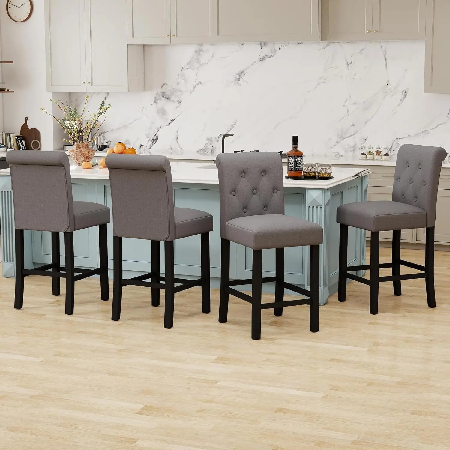 

24-дюймовый мягкий барный стул со столешницей, тафтинговой спинкой и деревянными ножками, кухонный остров, серый, по индивидуальному заказу