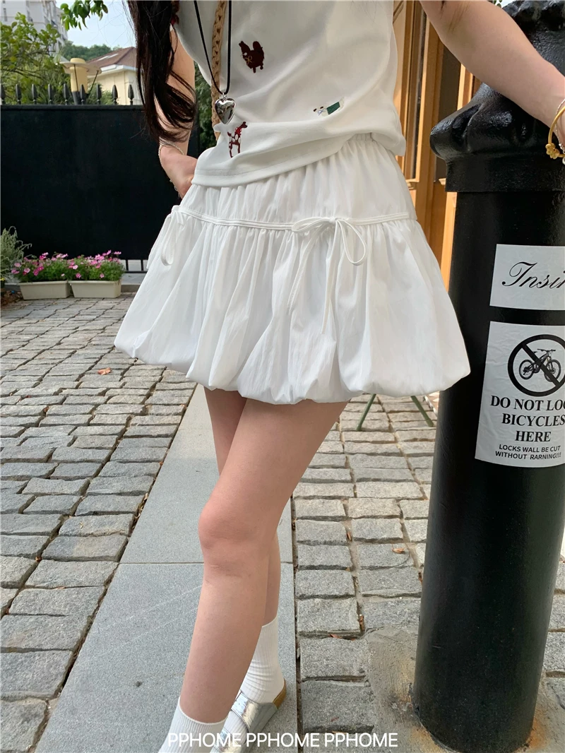 

Japanese Sweet Bud Cake Skirt White Mini Skirt Women's Summer Clouds Fluffy Lantern Short Skirt Versatile A-shaped Skirts