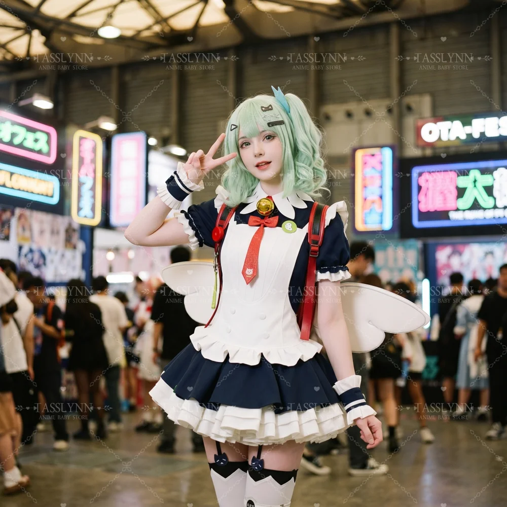 Disfraz de cosplay para mujer Burnice White ZZZ, vestido de sirvienta azul oscuro y blanco con alas de hada, traje de juego de rol