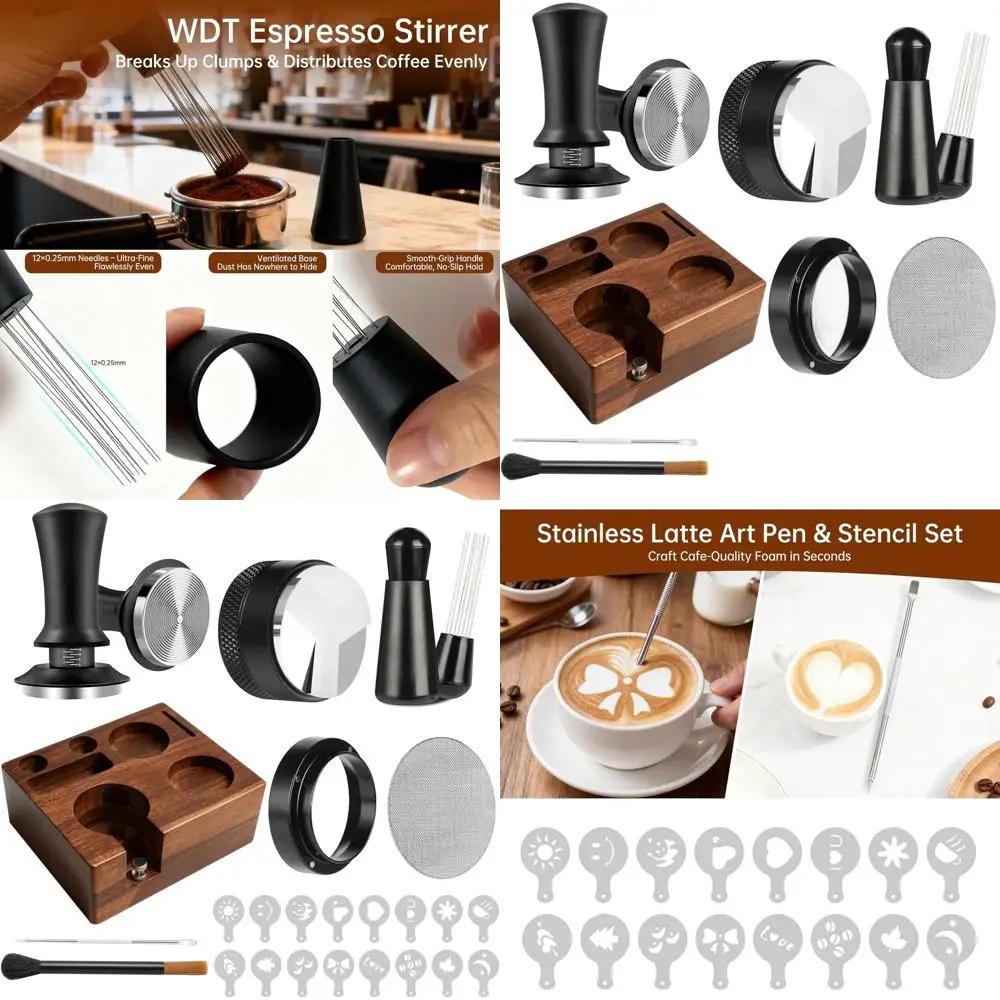

Espresso Accessory Set: 58mm Tamper, Wooden Tamping Station, Distributor, Stirrer, Dosing Funnel, Puck Screen, Brush, Latte Art