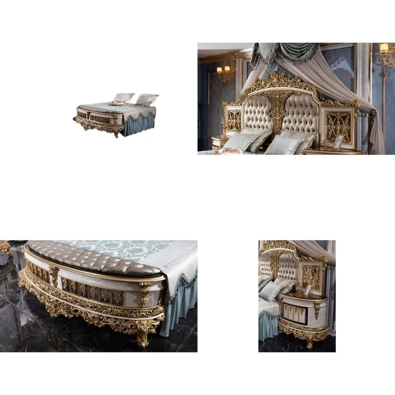 Deluxe Royal Mahogany Bedroom Set Gold Carved Queen Bed Wardrobe Dresser Medieval Antique Design for Hotel