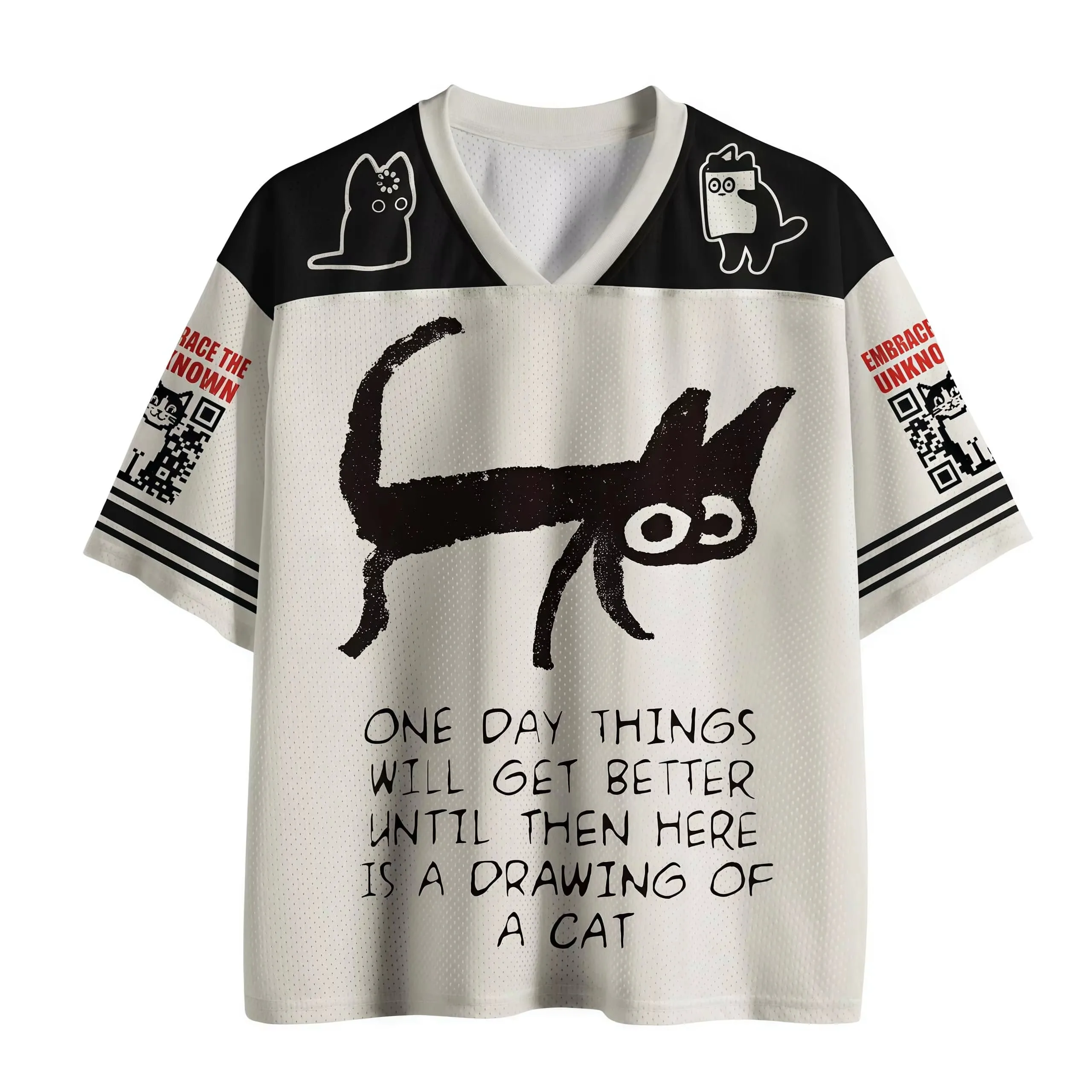 Hand Drawn Abstract Kitten Healing Text Printed Top, Casual, Personalized, Breathable, Loose Street Fashion Shirt