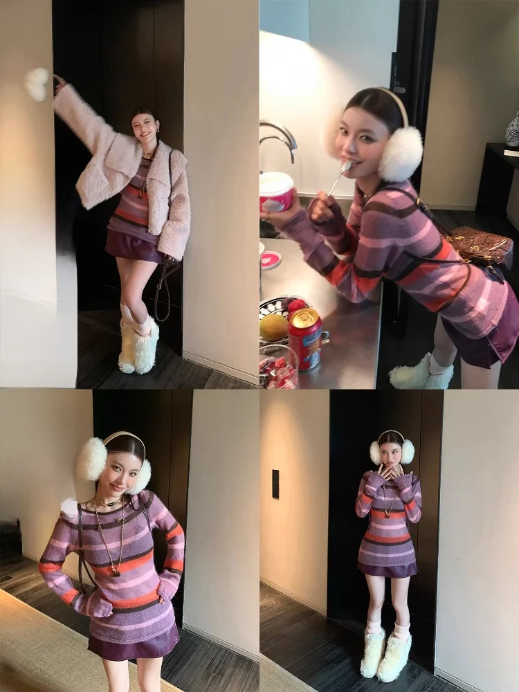 

Женский джемпер из шерстяной смеси в радужную полоску, с круглым вырезом, длинными рукавами, средней длины, комфортный крой