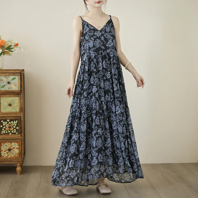 2025年夏プリントサスペンダーコットンリネンルーズロングマキシ丈ワンピースカジュアルルーズビーチホリデーボヘミアン