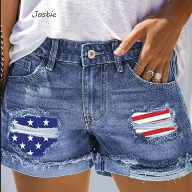 

2024 New Emerican Flag Patchwork Summer Denim Shorts Pocket Women Casual Fashion Jeans Short Pants