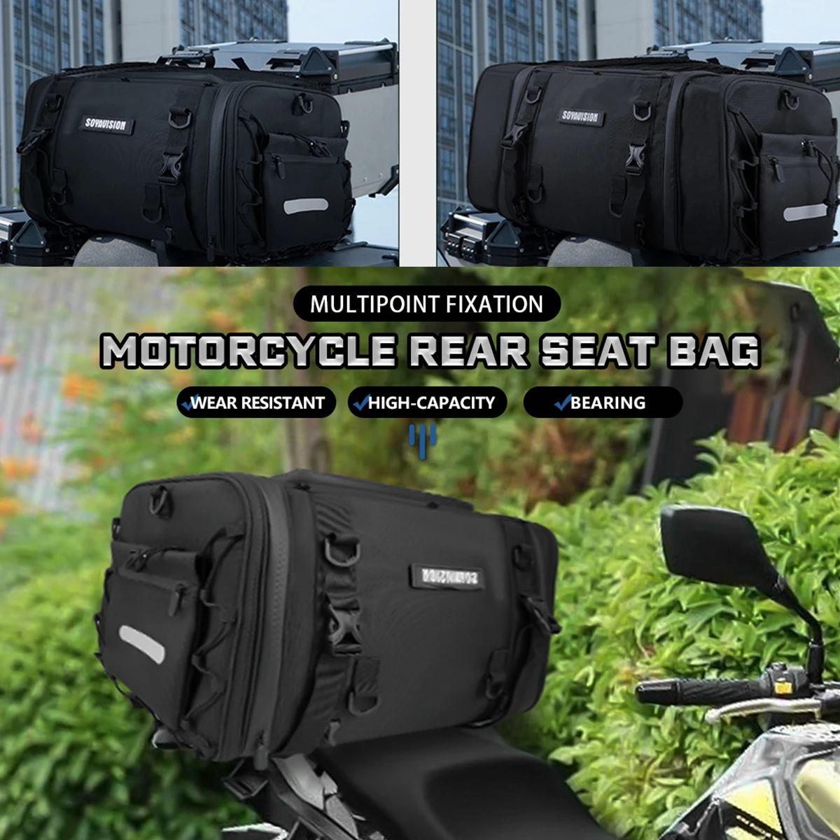 Motorcycle Bag 30L-50L Waterproof Tail Saddle Bag Durable Dry Luggage Outdoor Bag Motorbike Rear Seat Bag Accessory Helmet Net