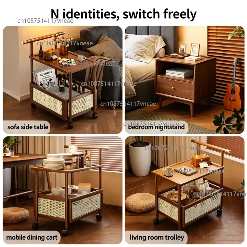 Mid-Century Movable Rosewood Sofa Side Table Premium Snack Rolling Cart Multi-Purpose Bedside Storage Rack Luxury Side Table