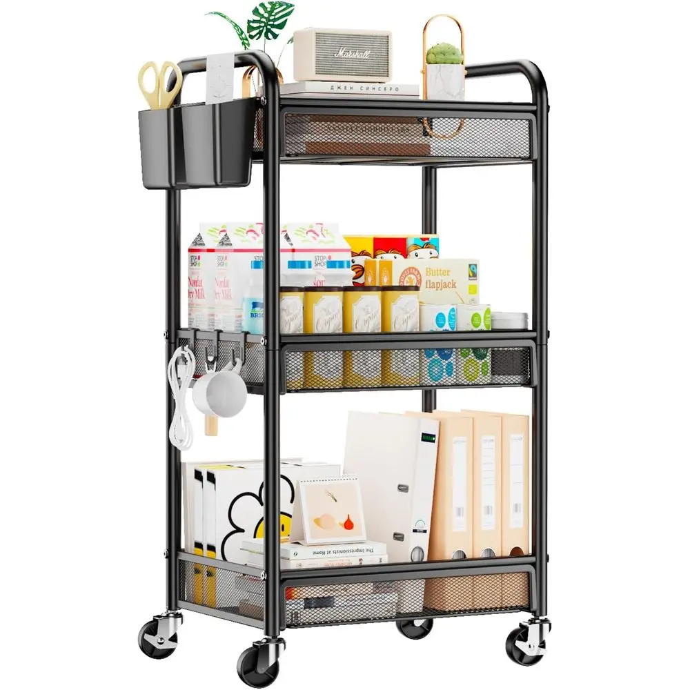 3 Tier Rolling Cart – Metal Utility Storage Carts with Wheels, Crat Cart Organizer with Hanging Cups, Hooks, Mesh Basket