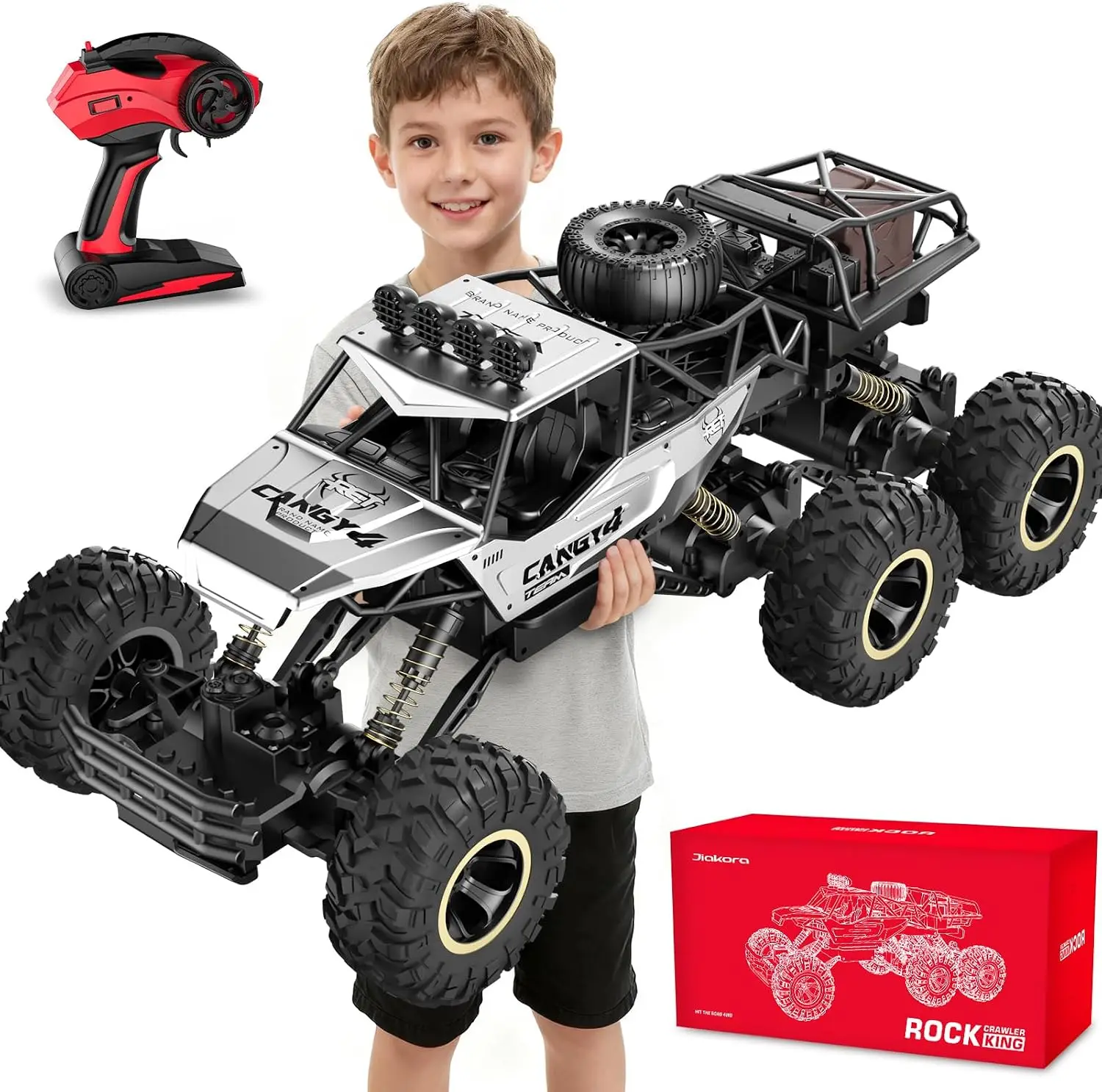 Remote Control RC Cars, Rock Crawler Monster Truck with 2 Rechargeable Batteries, Metal Body, Large Size, LED Headlights, Birthday Gift Toy for Boys and Kids Ages 4-7 8-12