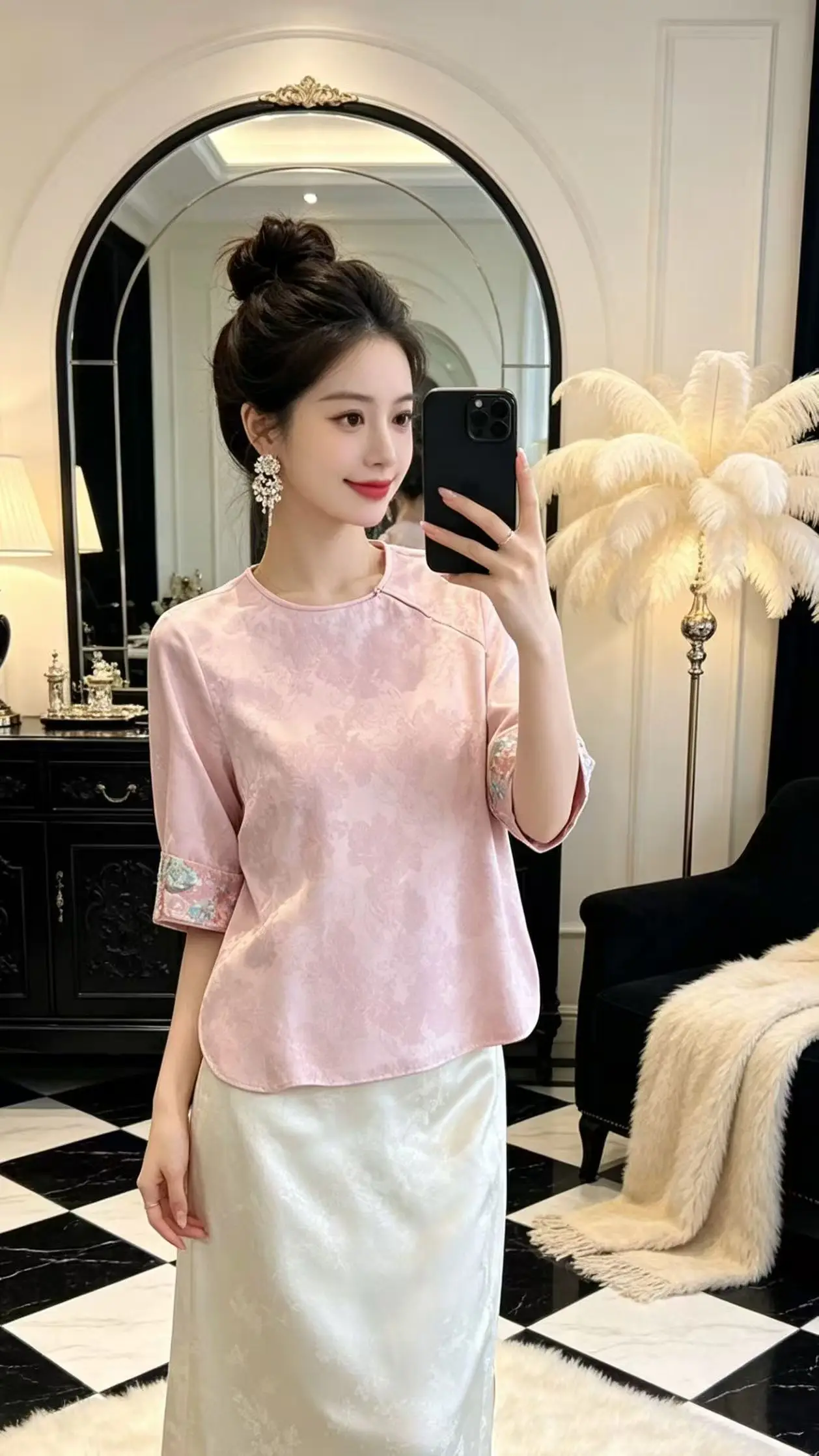 Women Silk Blouse Spring Summer Embroidery Top New Chinese Style Top Women's Flowers Loose Shirt S-XXL
