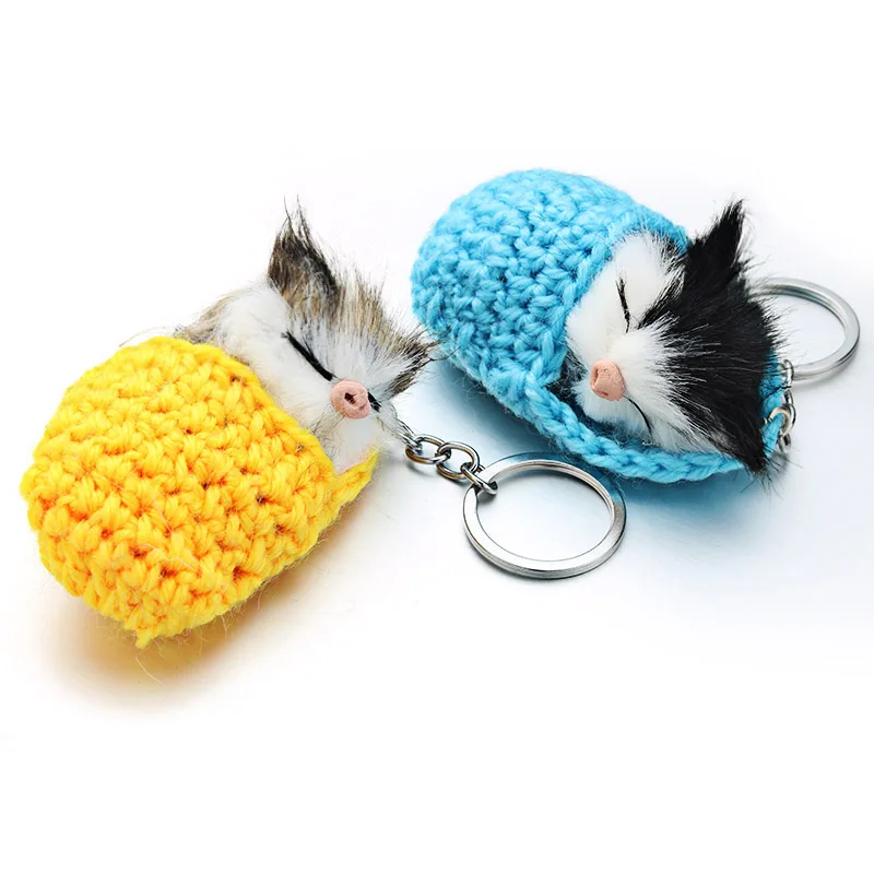 Lovely Sleeping Cat Pompom Keychains Faux Rabbit Fur Cute Kitten Handmade Woven Fluffy Key Chains For Women Girls Gift Car K381