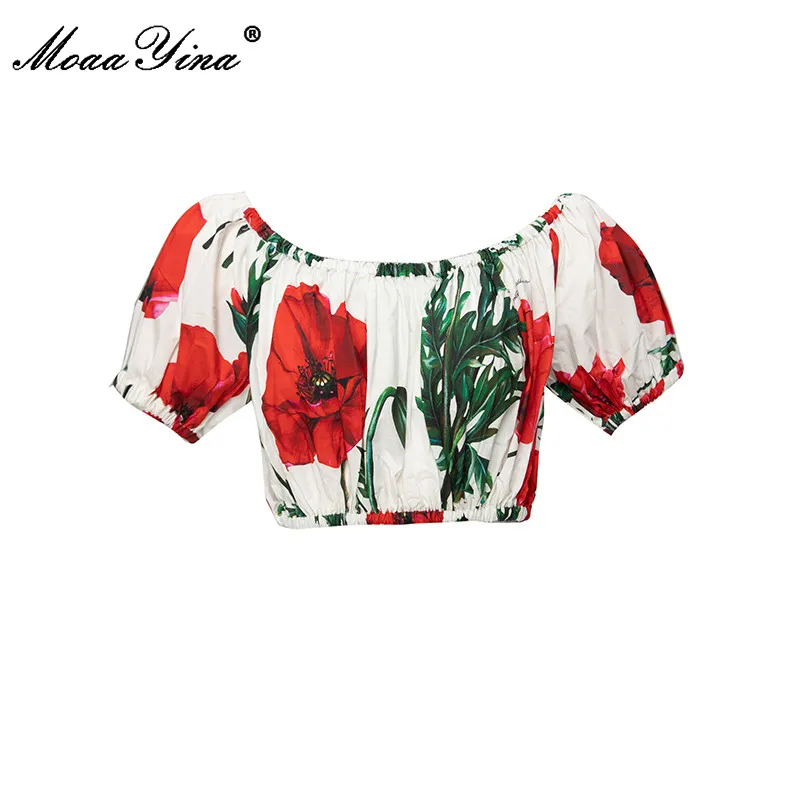 MoaaYina Fashion Designer Summer Short Top Women Short leeve Spaghetti Strap Floral Print Cotton Tank Tops