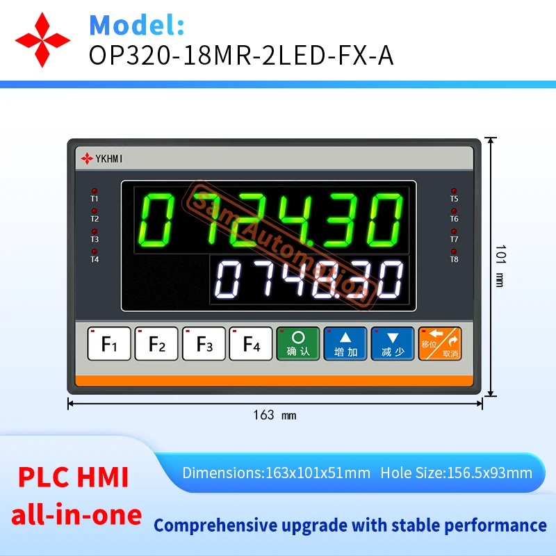 YKHMI Op320 16MR PLC LED All-In-One, Compatible With FX1S, 8 Input 8 Output, 2 Pulse 100K For Servo or Stepper Motor