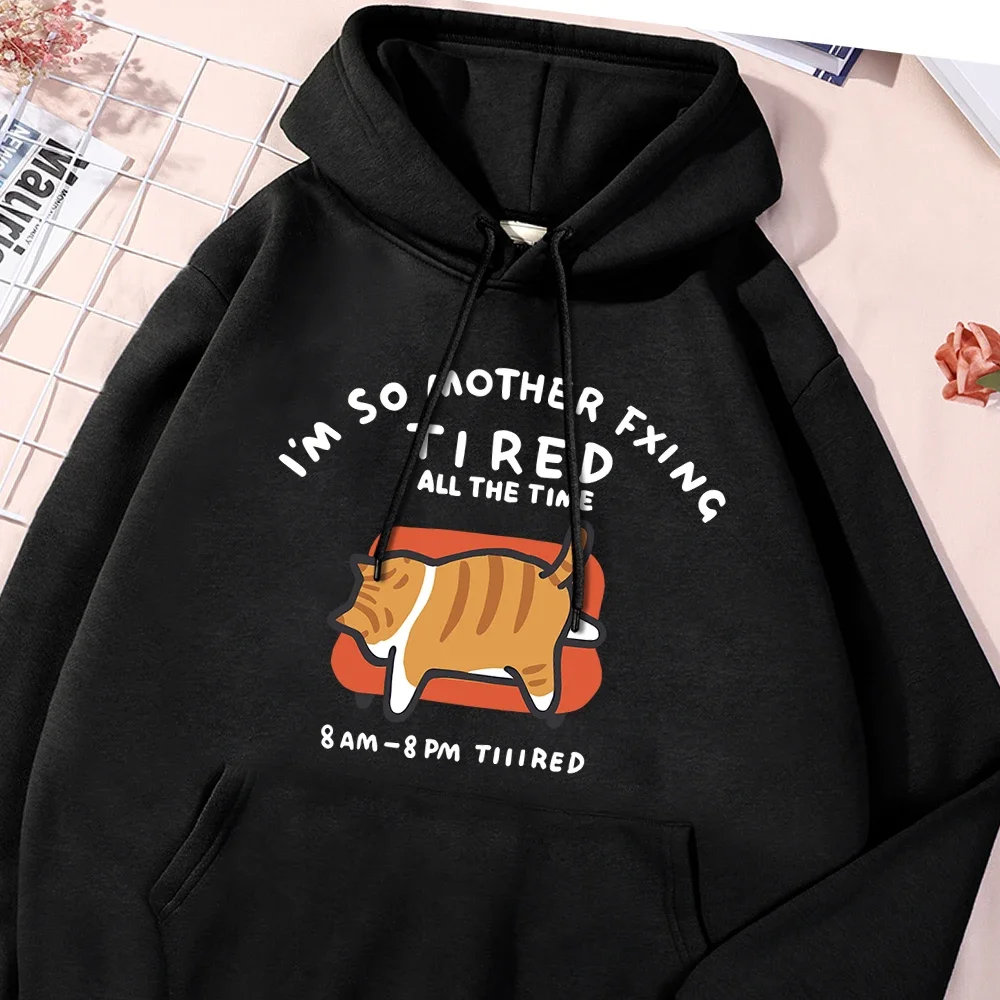 Sudadera holgada informal con capucha para mujer, suéter sencillo deportivo, ropa versátil Y2K, estampado blanco, gato naranja tumbado en el sofá