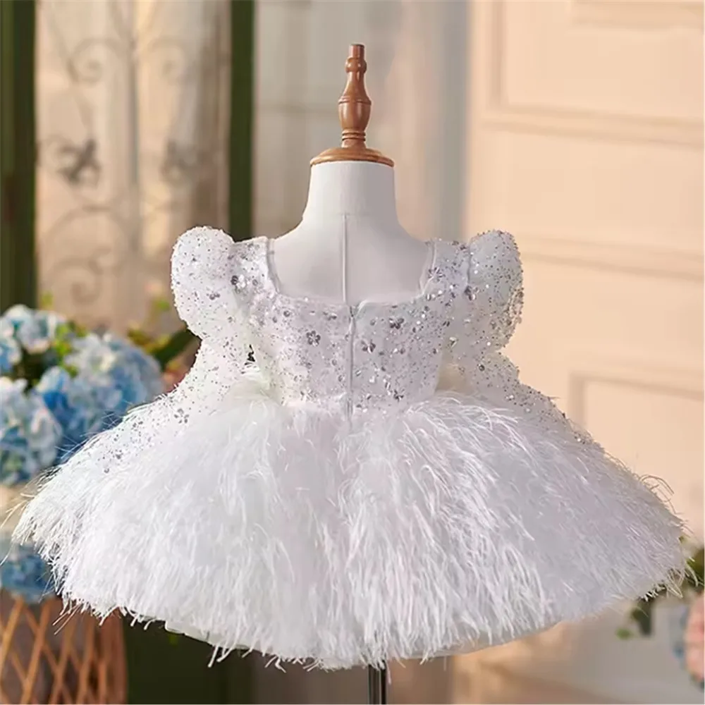 Sparkly Sequined Flower Girl Wedding Dress Full Sleeves Feather Princess Birthday Party Prom Dress Kids Luxury Performance Gown
