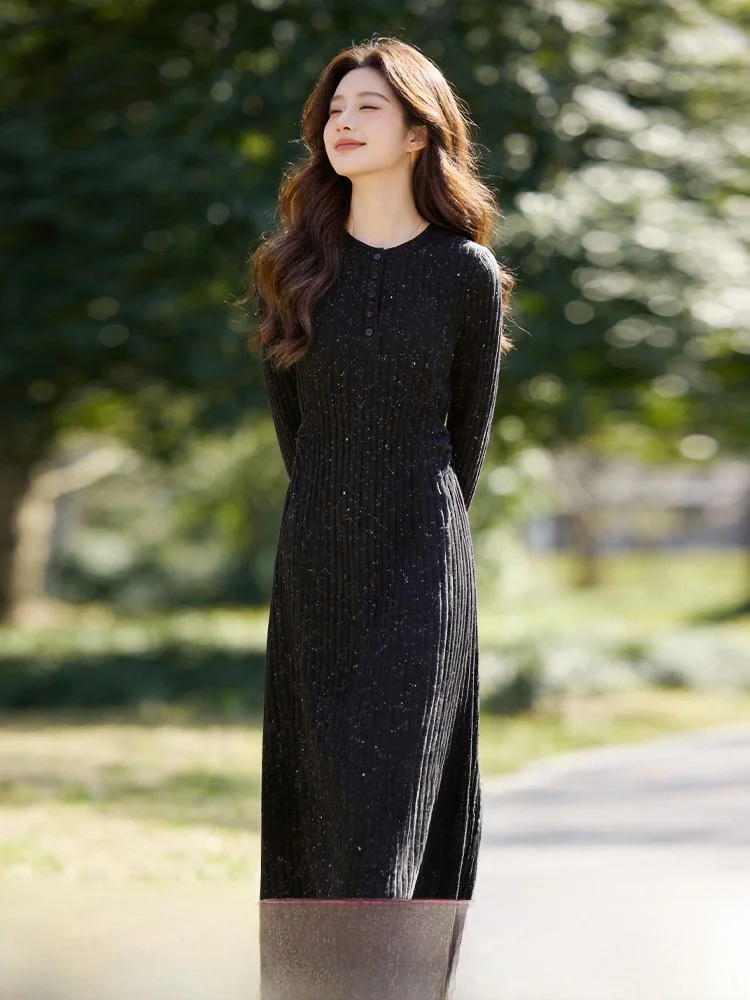 

plus Size Knitted Long Sve round Ne Slim Fit Bla Dr Women's Casual Sle Polyester Fiber Spring New Arrival