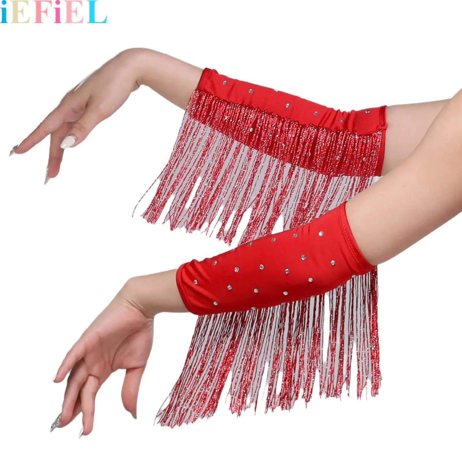 

Tassel Glitter Gloves Fringe Rhinestones Wrist Sleeves Tassel Glitter Gloves for Women Latin Dance Costumes Accessories