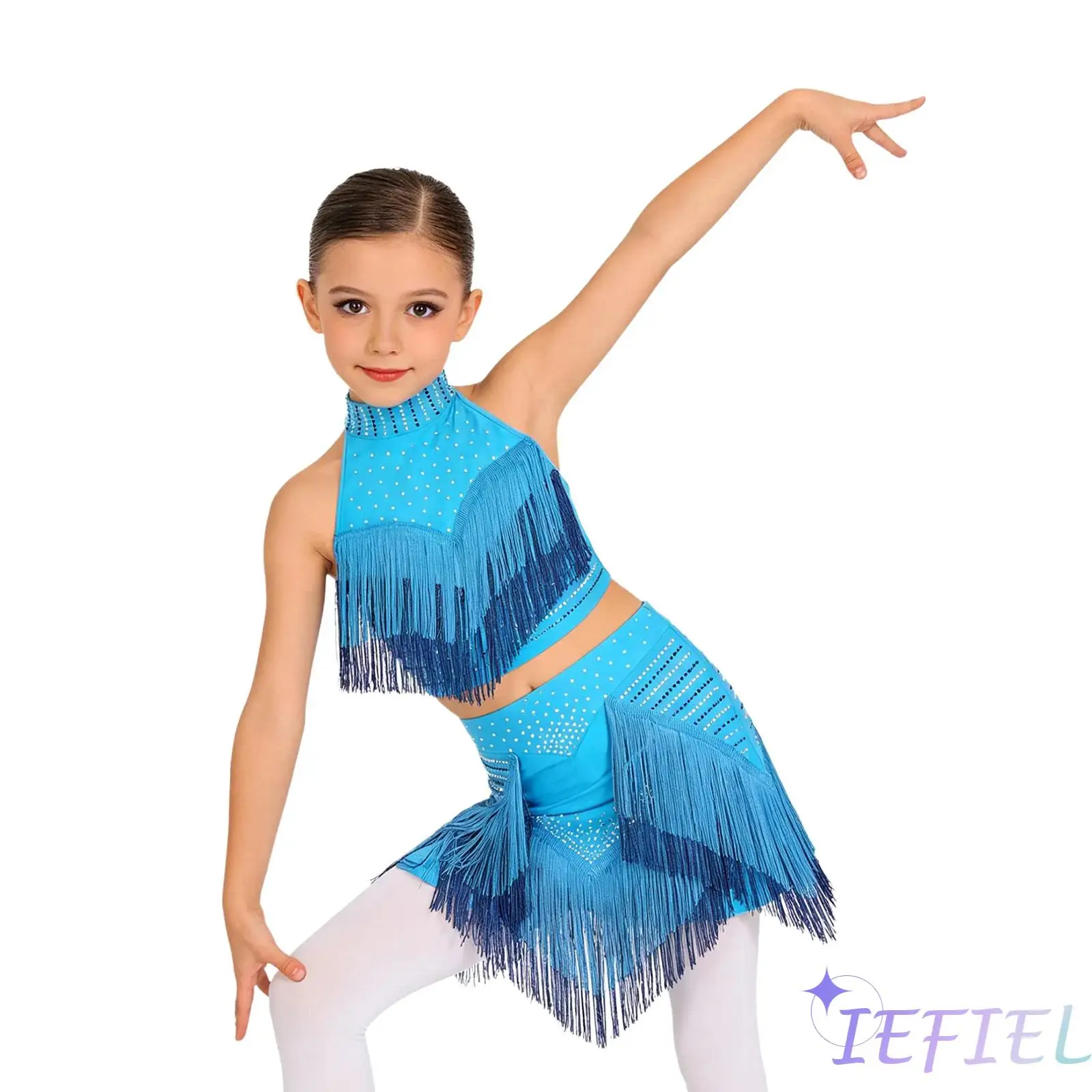

2Pcs/Set Kids Girls Latin Salsa Dance Costume Halter Sleeveless Backless Rhinestone Tassel Crop Top with Built In Shorts Skirt