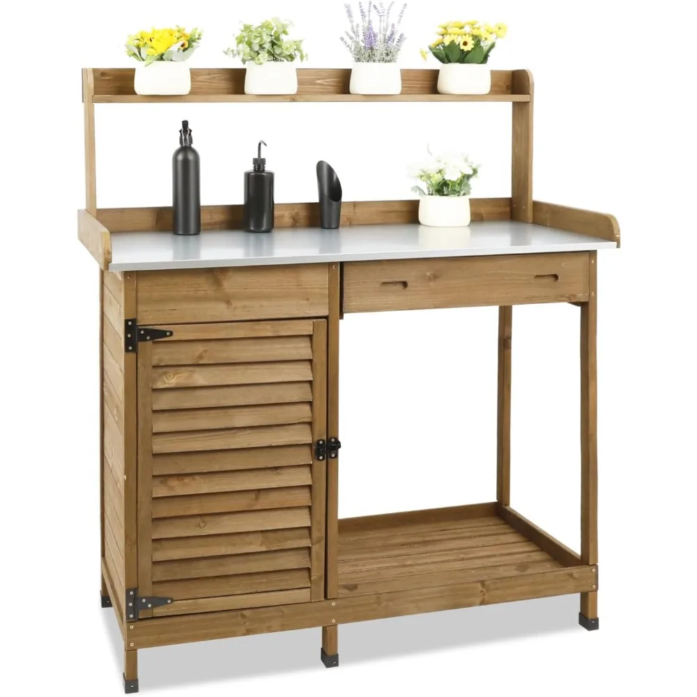 

Garden Potting Benche Table Outdoor Wooden Work Station W/Metal Table top,Cabinet,Drawer,Large Bottom Shelf,Open Shelf Natural W