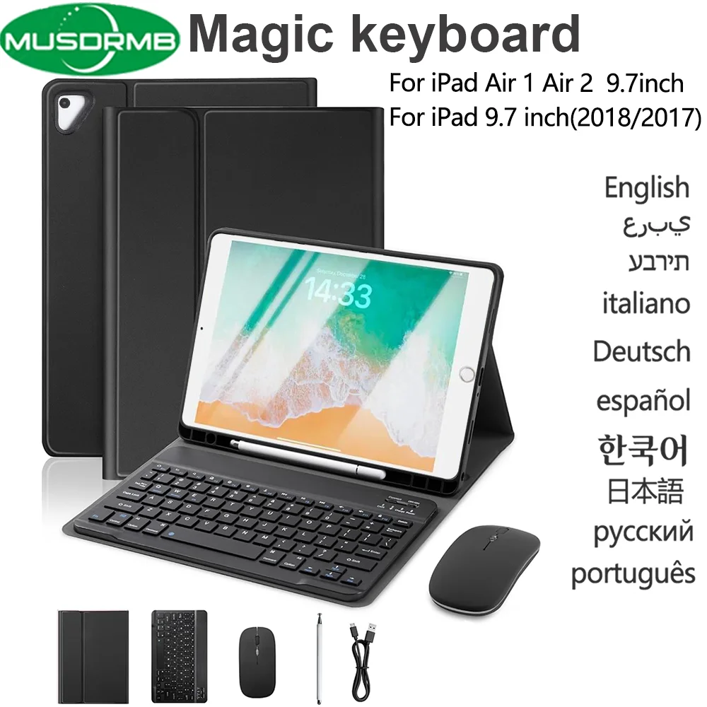 ipad-第6世代（2018年）-第5世代（2017年）97インチ、ipad-air-1、2、pro-97インチ対応-ケースキーボード-マウス、スタイラスペン付き-ワイヤレスキーボード-レザーカバー