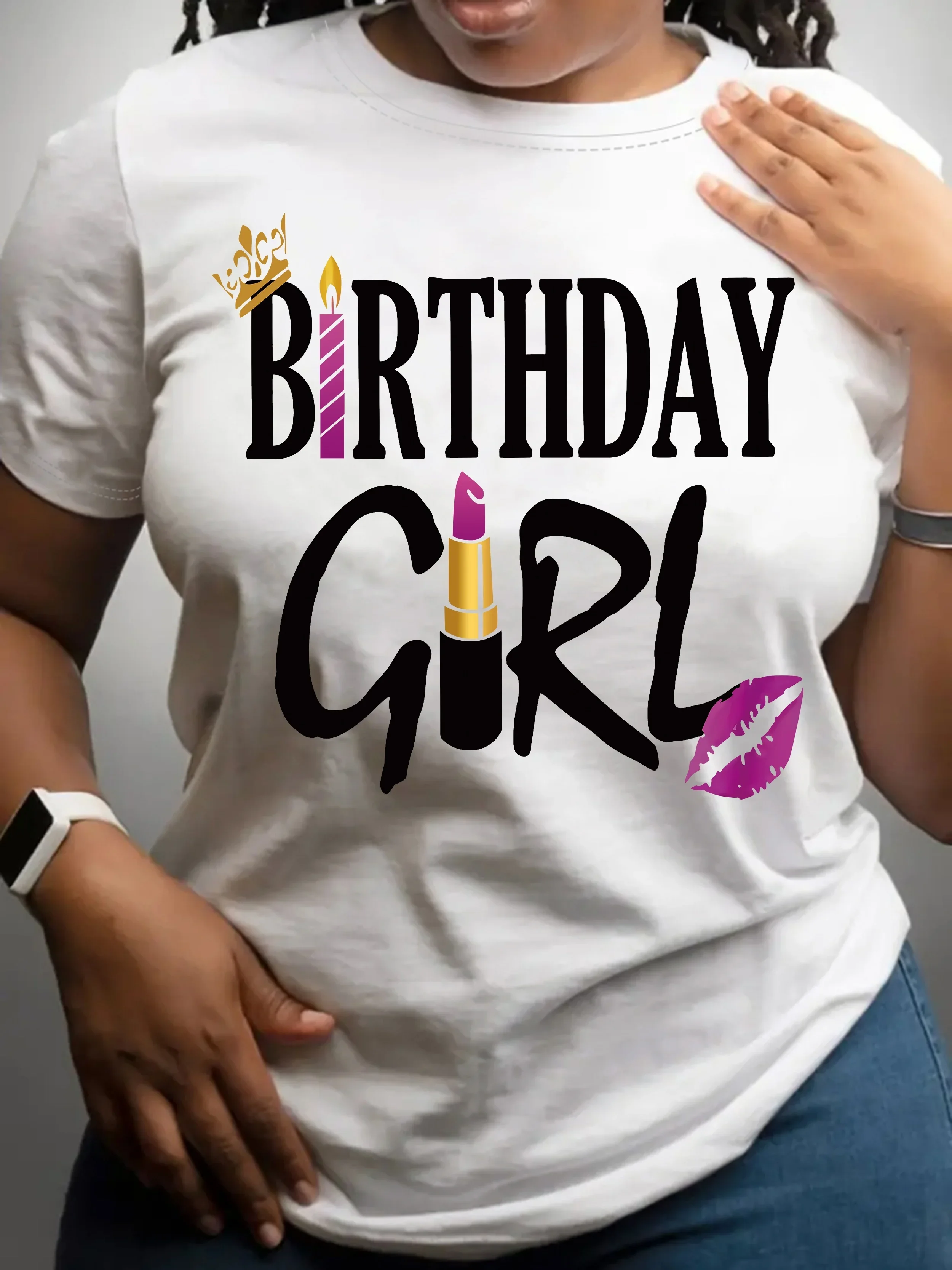 T-shirt con stampa lettera ragazza di compleanno, Top Casual girocollo manica corta per l'estate e la primavera, abbigliamento