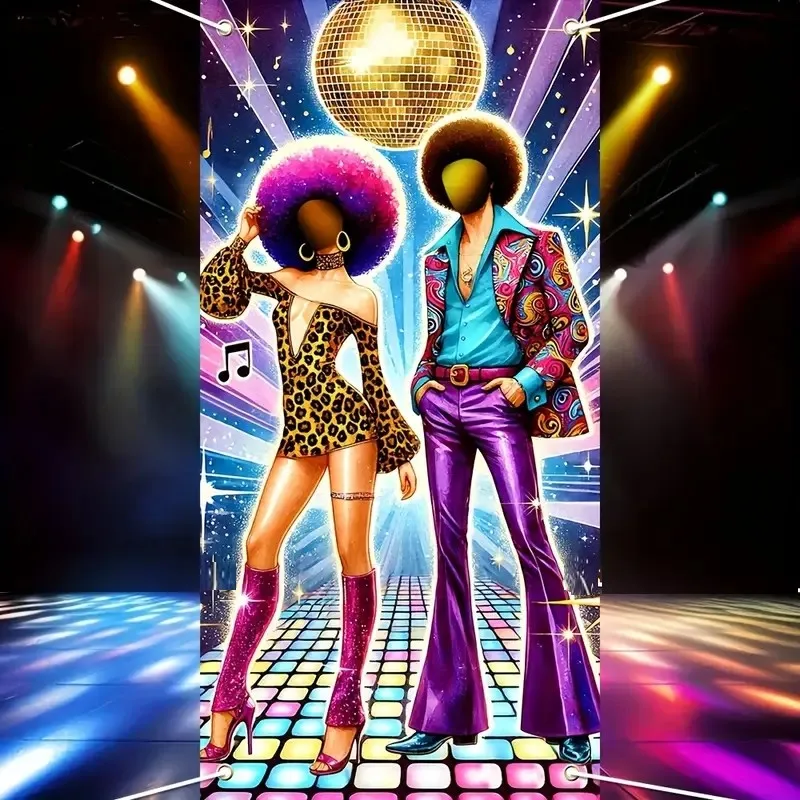 70s Disco Dance Party Photo Booth Backdrop - Retro Theme Hollow-Out Banner with Vibrant Neon Lights & Disco Ball for Birthday, view 6