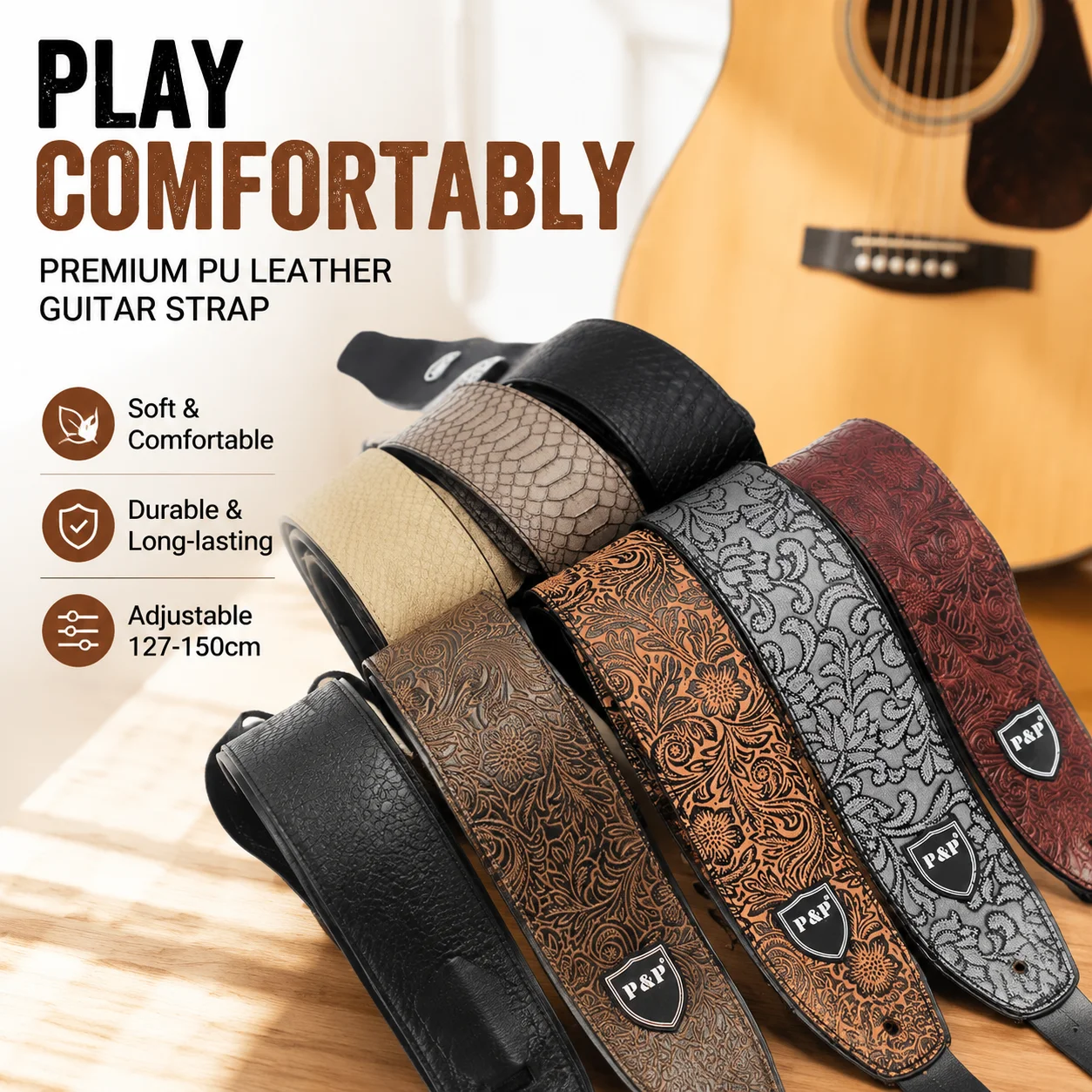 Guitar Strap PU Leather Adjustable Soft Durable Comfortable Shoulder Support for Electric Acoustic Classical Bass 127-150cm