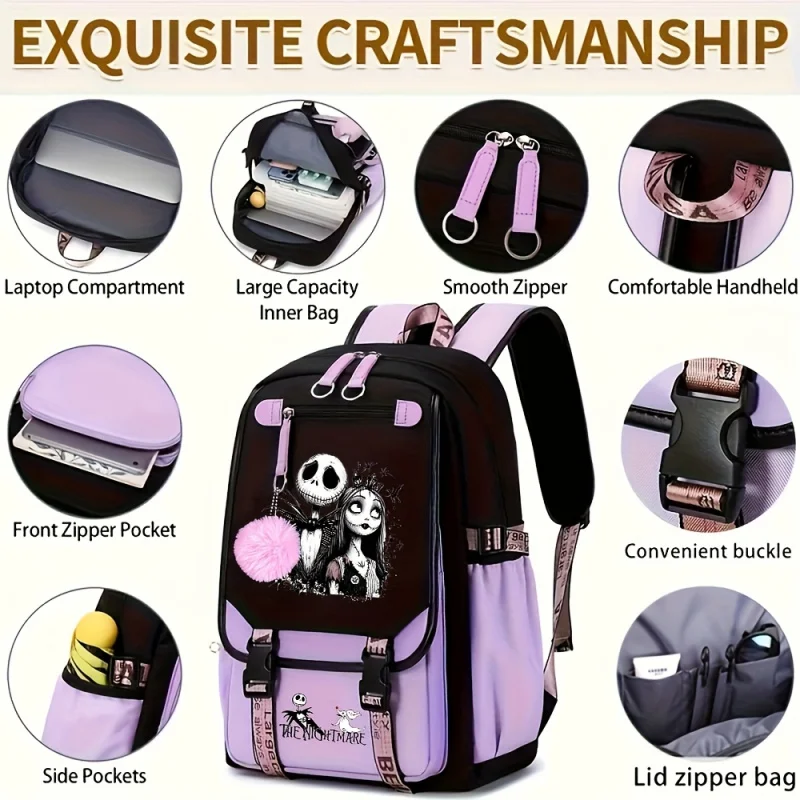 크리스마스의 악몽 잭 스켈링턴 백팩 - 공식 팀에서 영감을 받은 조절 가능한 어깨끈이 있는 학교 백팩, L