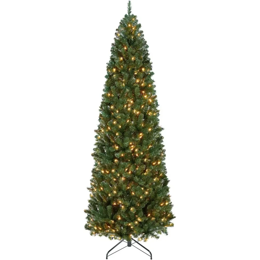 7.5ft Pre-lit Kingswood Fir Pencil Artificial Hinged Christmas Tree Skinny Corner Xmas Tree with 350 Incandescent Warm White