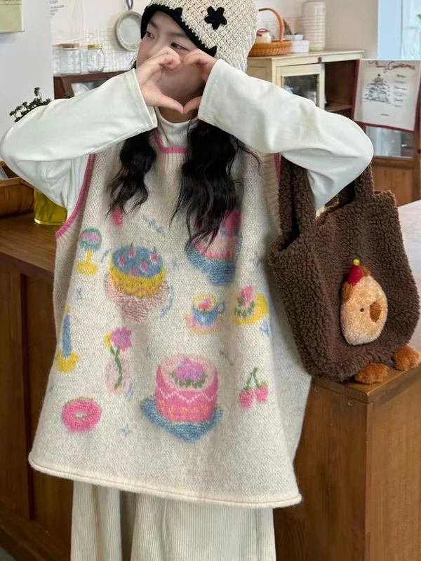 Authentic Vintage Knitted Sleeveless Sweater Vest Small Cake Design Overhead Style Women's Inner Wear Casual round Neck Top