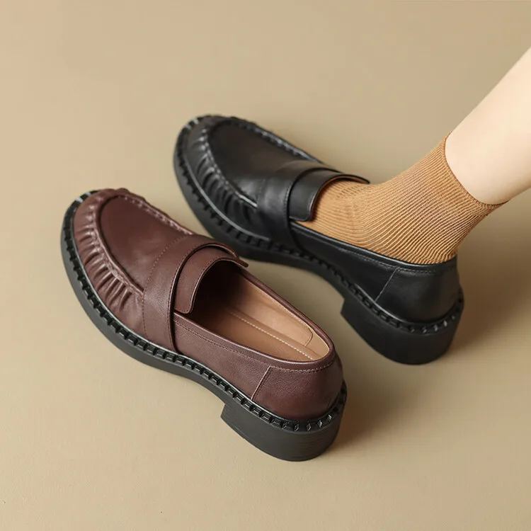 Black Genuine Leather Women Flats Platform Height Increasing Loafes Brown Formal Dress Working Stilettos Fashion Chaussure Femme