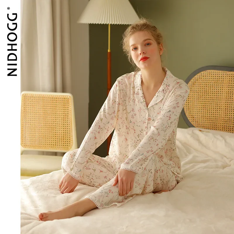 Conjunto feminino de pijama de cetim, manga comprida, pijama de viscose, estampa de folhas de salgueiro, lounge, 2 peças, pré-venda, 2024