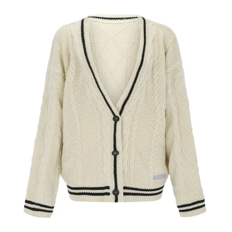 Autumn 2022 Women Beige V-neck Star Embroidery Cardigan Casual Loose Sweater  Fashion Temperament Knitted Jacket Y2k Streetwear