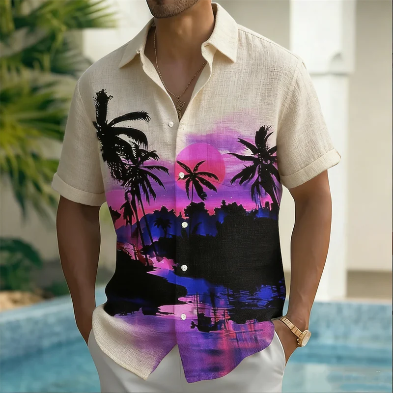 New 3D Ukiyoe Tiger Wave 3D Printing Men's Short Sleeved Shirt Linen China-Chic Retro Style Lapel Casual Shirt