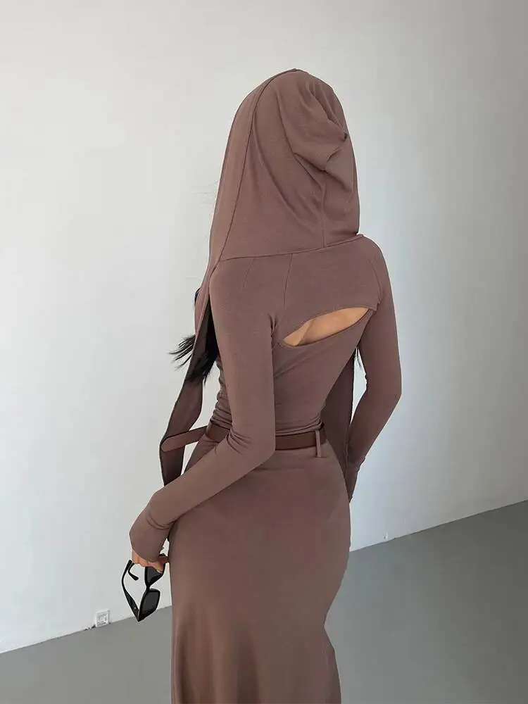 WOMENGAGA Hemdje Gebreide Jurk Met Capuchon Elegant Voor Vrouwen Herfst Nieuwe Hoge Taille Slanke Riem Mode Gewaad Koreaanse Vrouwen Top 0PPB
