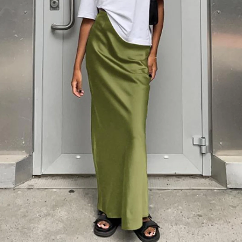 HXAO Eleganter Midi-Satinrock für Damen, Sommer 2026, gepunkteter A-Linien-Rock mit hoher Taille, glatt, in den Farben Schwarz, Weiß, Grün, Khaki. – Detail 4