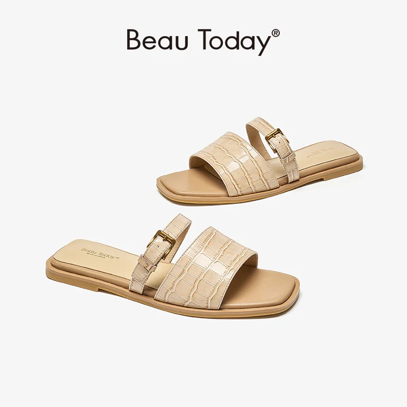 BeauToday Flats Slippers Women Buckle Strap Genuine Cow Leather Square Open Toe Slides Casual Outdoor Summer Female Shoes 36234