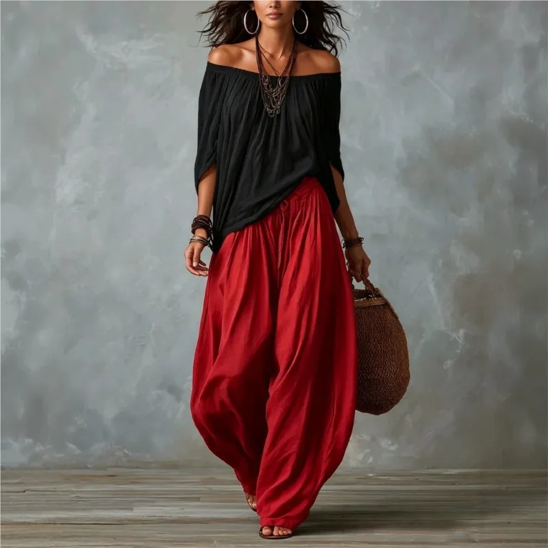 Women's Vacation Boho Off Shoulder Loose Blouse Harem Wide Leg Pants Two Piece Set Women Vintage Casual Holiday Fashion Outfit