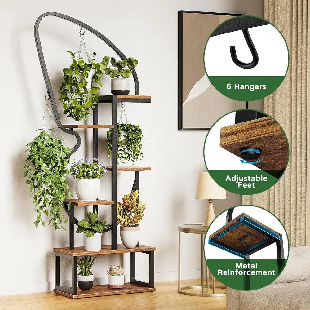 Soporte para plantas de 6 niveles, soporte de mariposa para interiores para flores, escalera grande, estante para plantas con pies ajustables para sala de estar