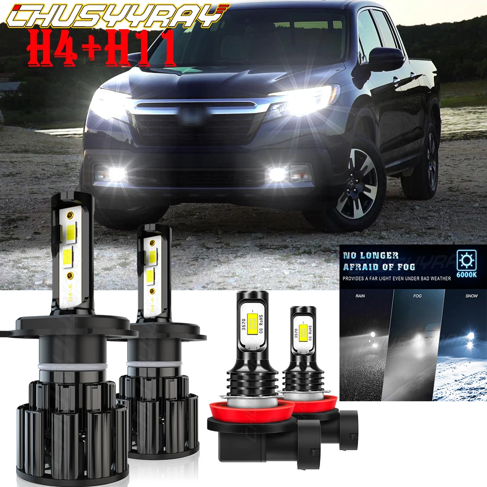 

CHUSYYRAY Car lights Compatible For Honda Ridgeline 2006-2014 4X LED Headlight High/Low Fog Light Bulbs Kit 6000K Super Bright