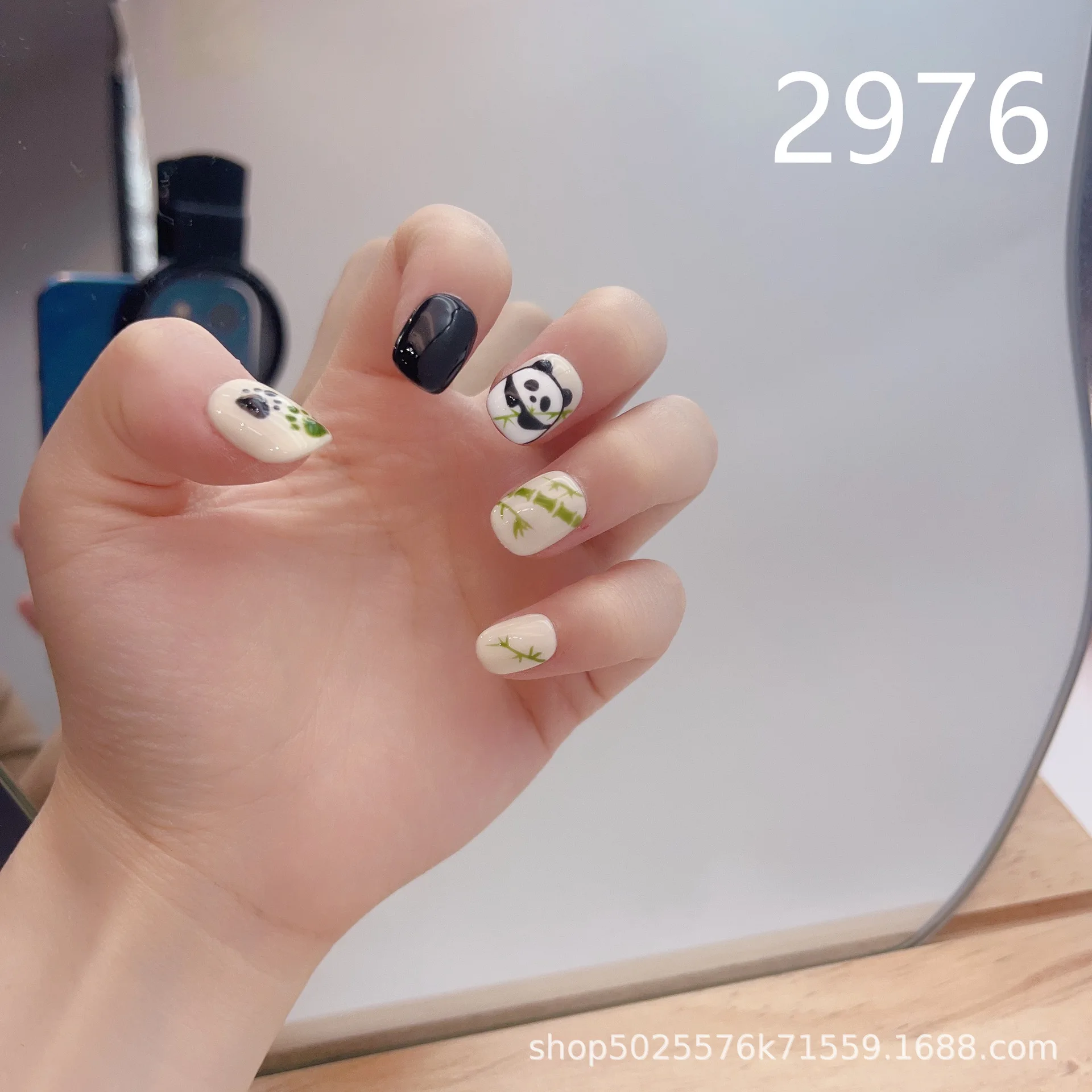 Emmabeauty Cute Panda Bamboo Artistic Short Shape Summer Hand-painted Pure Handmade Press On Nails.No.2976