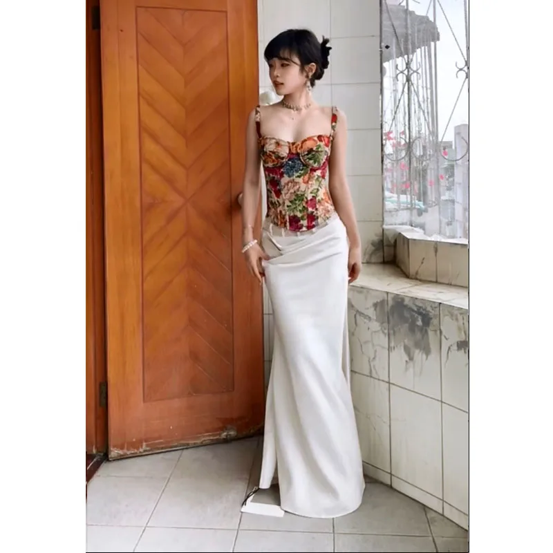 Женский топ-бандо с принтом Spicy Girl Fibone для похудения, летняя повседневная атласная юбка с высокой талией, модная из двух предметов