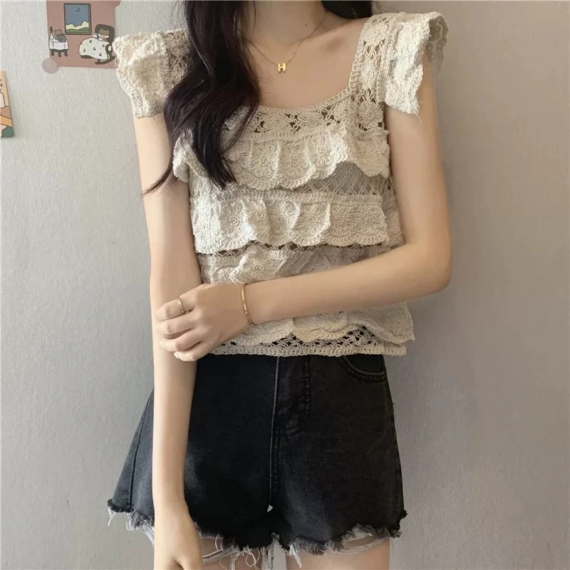 Tiered Ruffled Crochet Top Frilled Flutter Sleeve Semi Sheer Open-knit Crop Tops Blouse Summer Women Teen-girl Fairycore Outfit